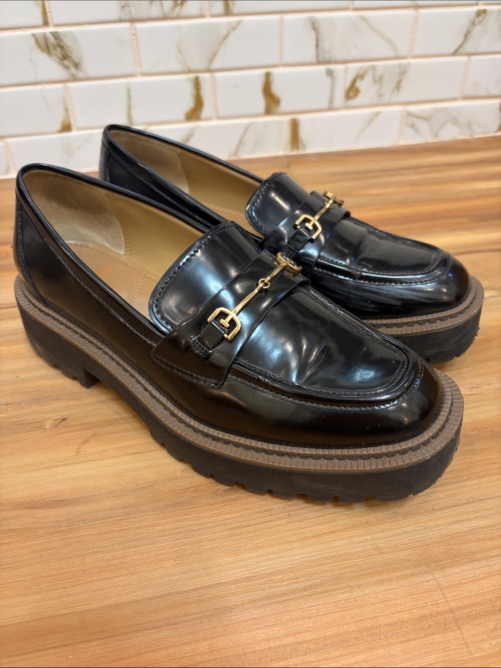Sam Edelman Black Patent Lug-Sole Loafers with Gold Bit